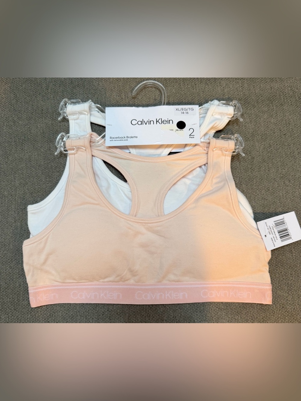 NWT. Girls Calvin Klein 2-pack racerback bralettes. Size: XL (14-16).